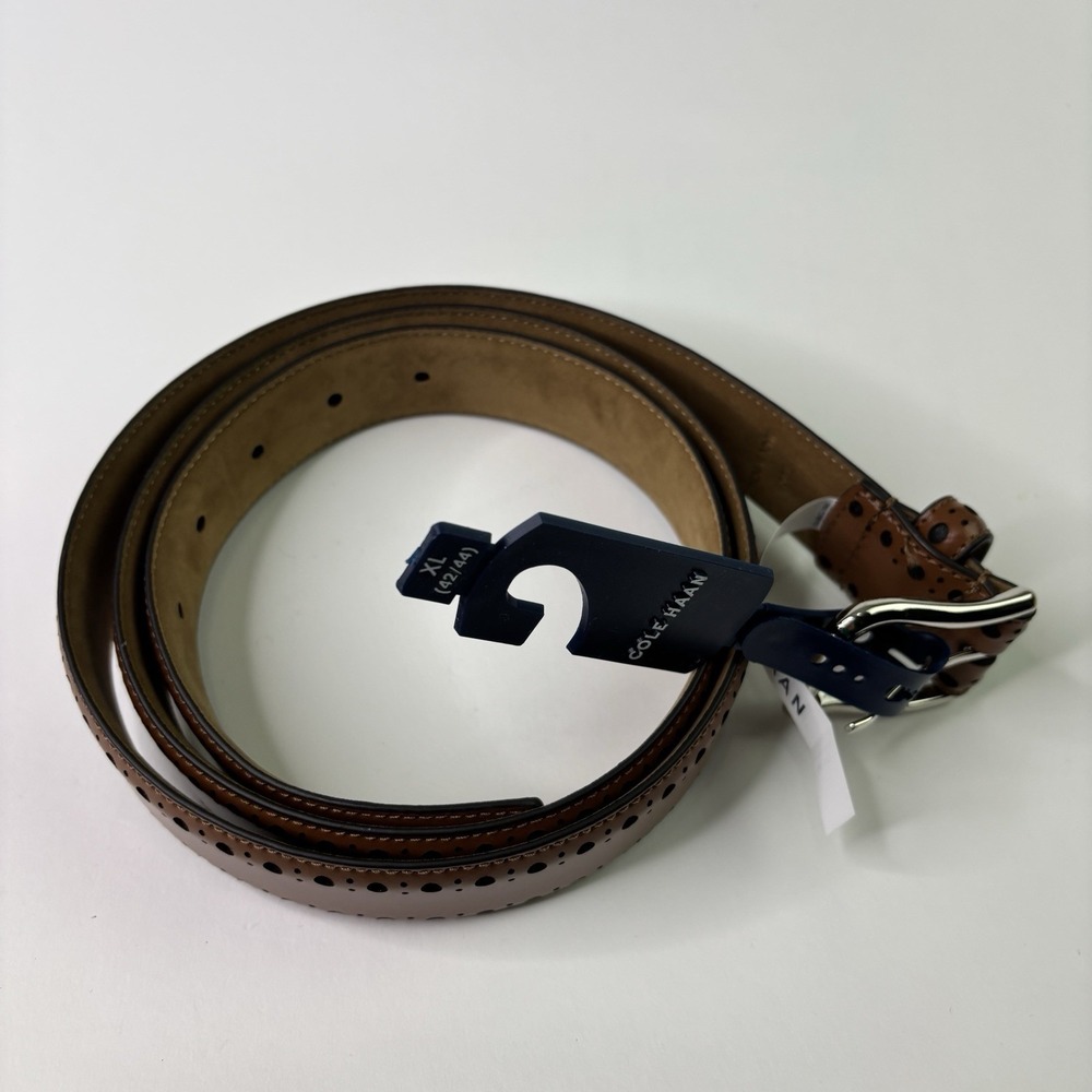 $98 NEW COLE HAAN LEATHER BELT 42-44 XL PERFORATED SADDLE TAN CHROME BUCKLE